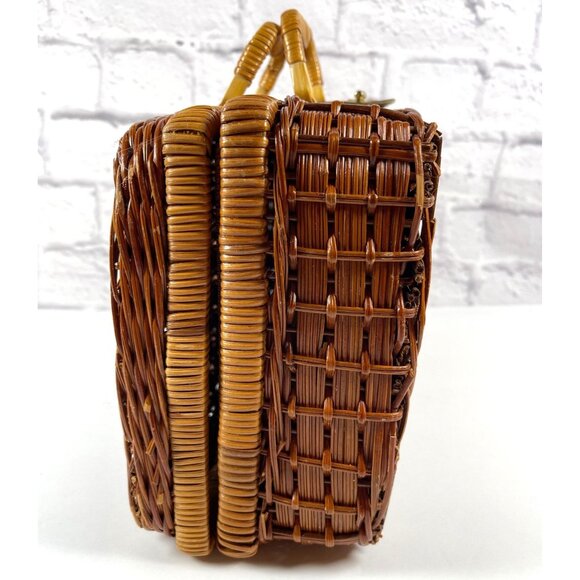 Woven Wicker Rattan Square Suitcase Handbag Picnic Basket Storage Leather VTG - Picture 3 of 16